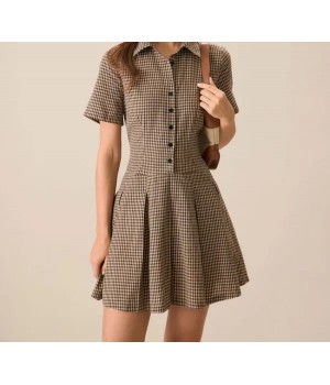 Women’s Brown Plaid Lapel Pleated Mini Dress