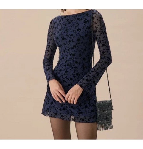 Women’s Blue See-through Long Sleeve Mini Dress