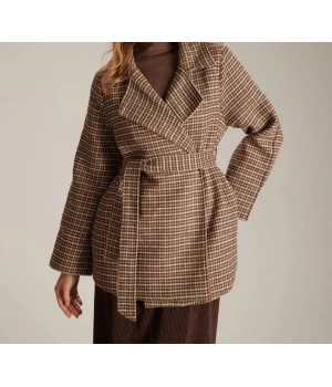 The Khaki Lapel Plaid Lace Up Belted Coat