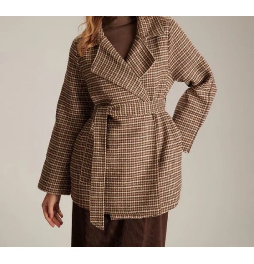 The Khaki Lapel Plaid Lace Up Belted Coat