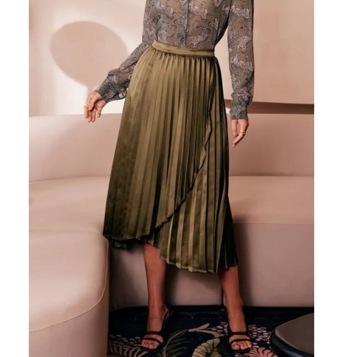 The Green Pleated Tulip Hem Satin Midi Skirt