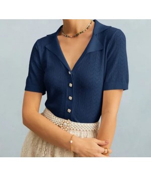 The Navy Collared Pointelle Knit Top